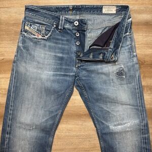Diesel Jeans Men 32x32 Blue Larkee Straight Leg Italy Thrash Patched Hemmed 30"
